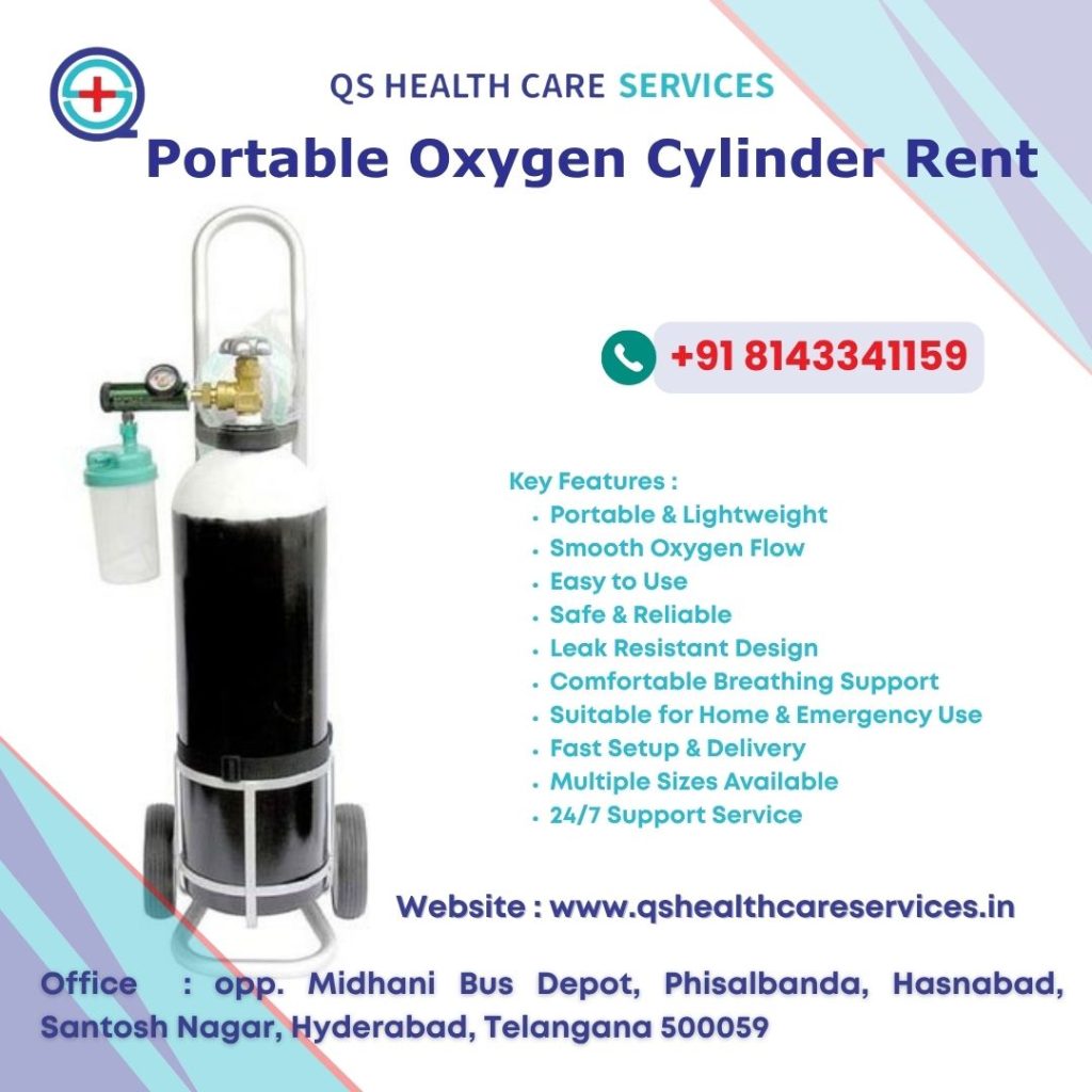 Portable Oxygen Cylinder on Rent in Hyderabad and Secunderabad with 24/7 doorstep delivery for home care patients, COPD, asthma, emergency oxygen support, and travel use. Call 8143341159.
