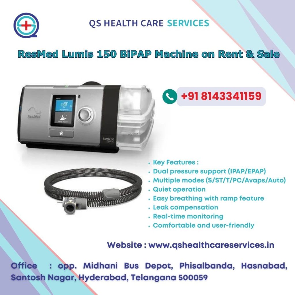 BiPAP Machine on Rent in Financial District by QS Healthcare Services with 24/7 home delivery for COPD, sleep apnea, respiratory care, and home ICU patients in Hyderabad.
